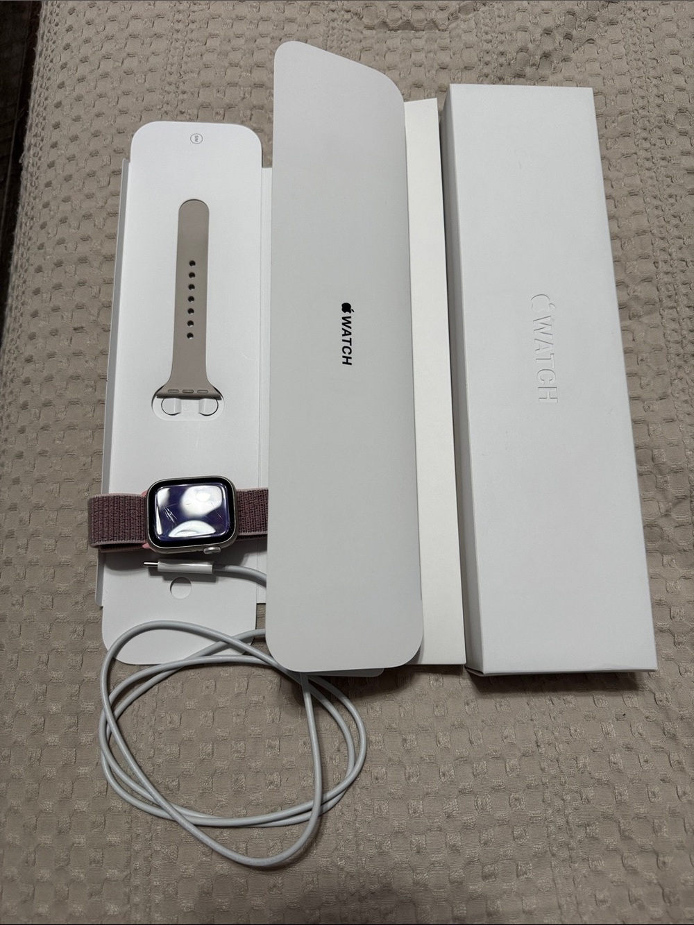 Series 7 - 41 MM Apple Watch with Mauve Pink Nylon Loop & Light Beige Spare Band